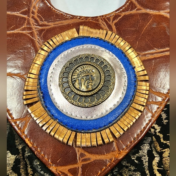 Women's Metallic Copper Brown Mixed Material Ethnic Ornate Sturdy Hand Purse Bag - Picture 6 of 16